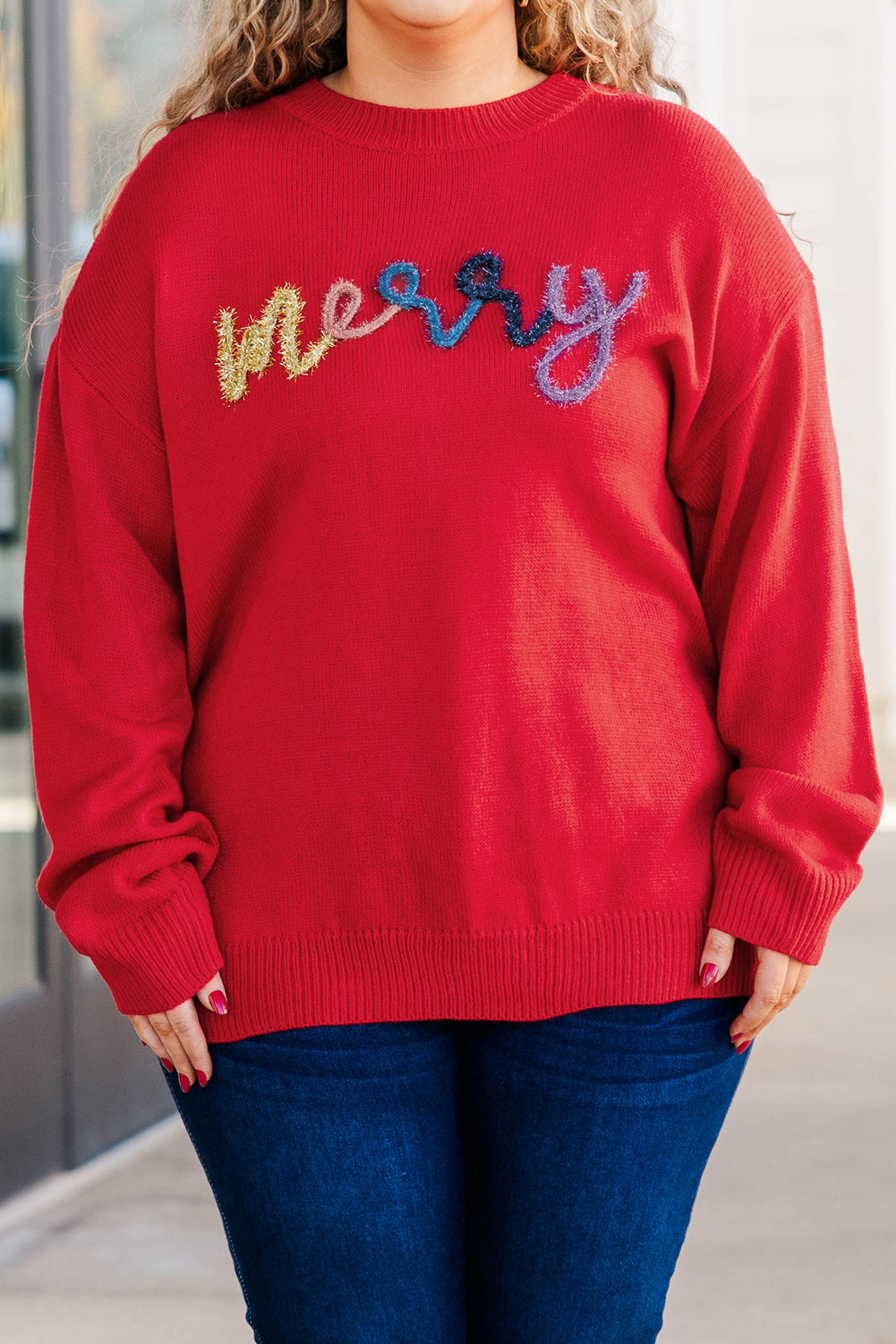 Fiery Red Tinsel Pattern Drop Shoulder Plus Size Sweater Dear-Lover Dropshipping